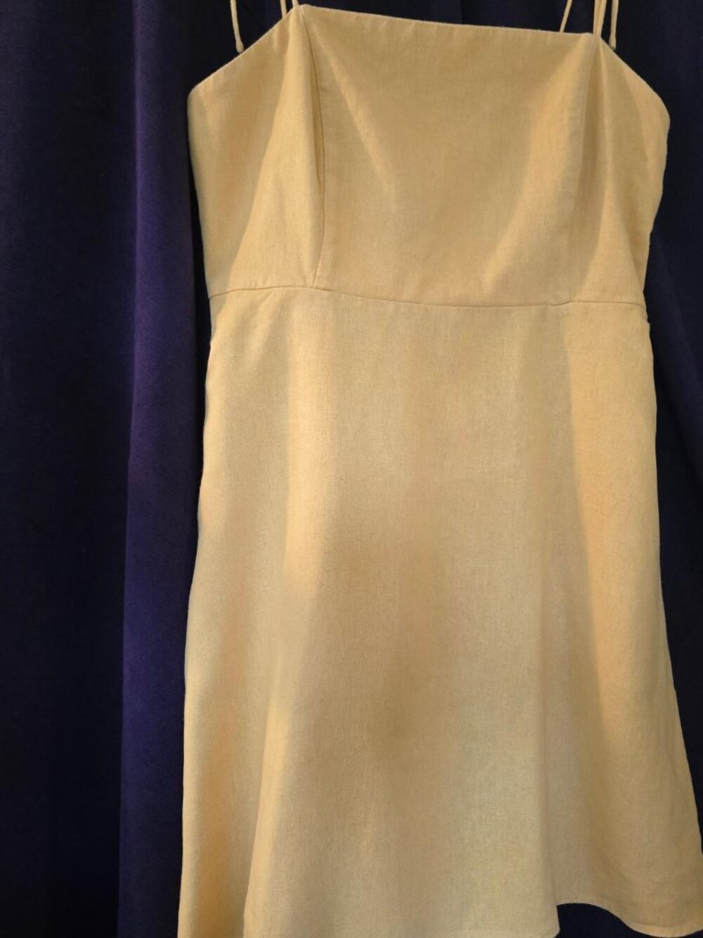 L Navy Mustard Yellow Linen Mini Dress Square Neckline, Thin straps, Fit & Flare